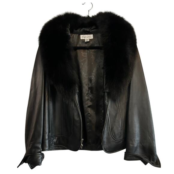 PRESTON & YORK Black Lamb Leather Removeable Dyed Fox Fur Collar Jacket Size M - Picture 2 of 9
